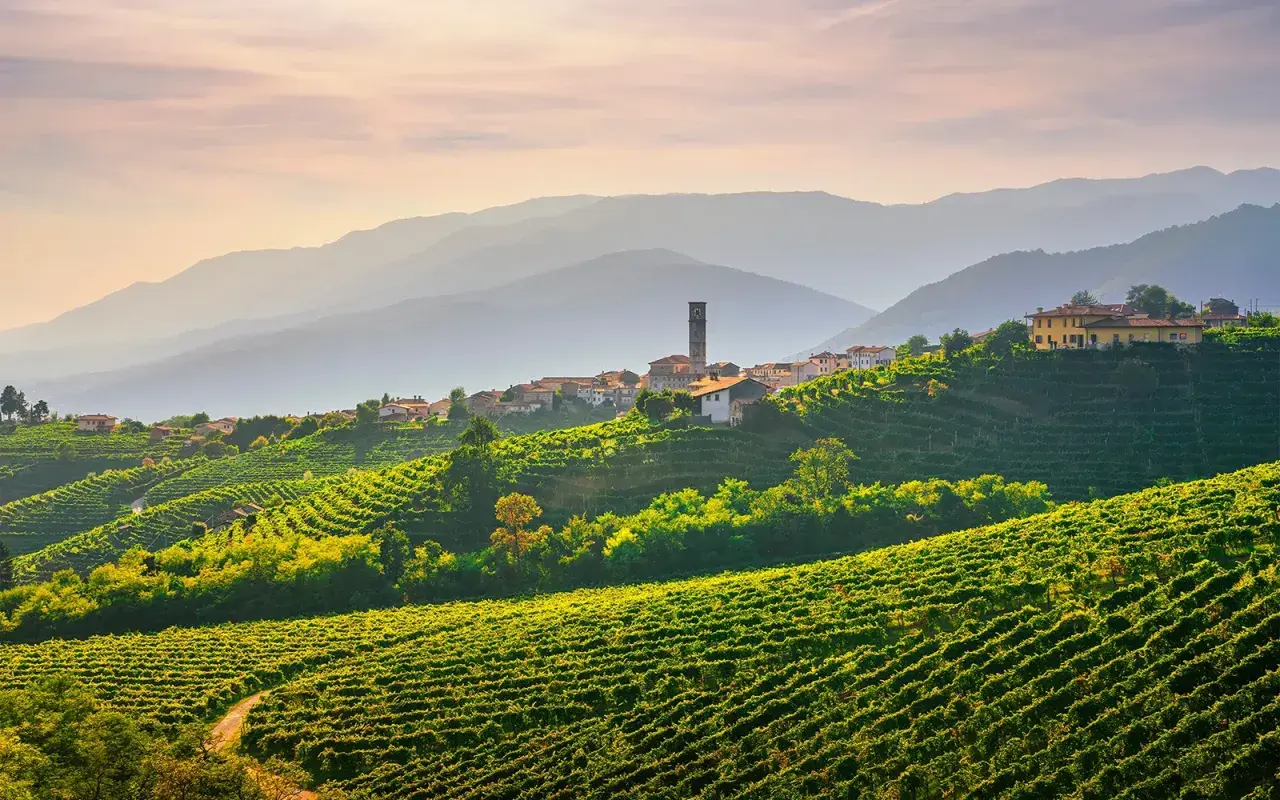 Sanfte Hügel im Veneto, bedeckt mit Weinreben, führen zu einem malerischen Dorf mit Kirchturm. Ein Ort, wo der Wein wächst.
