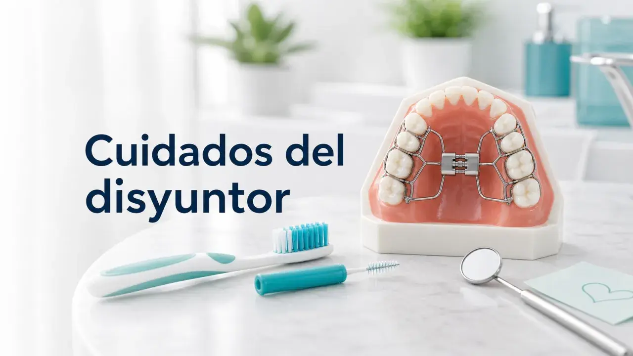 Modelo dental con aparato de ortodoncia, cepillo y limpiador interdental. Cuidados del disyuntor superior.