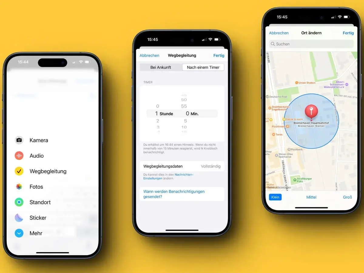 Drei iPhones zeigen die Funktion "Wegbegleitung". Ein iPhone zeigt die Einstellungen für die Wegbegleitung, ein anderes die Karte mit einem Standort und ein drittes die Optionen für die Benachrichtigungen.