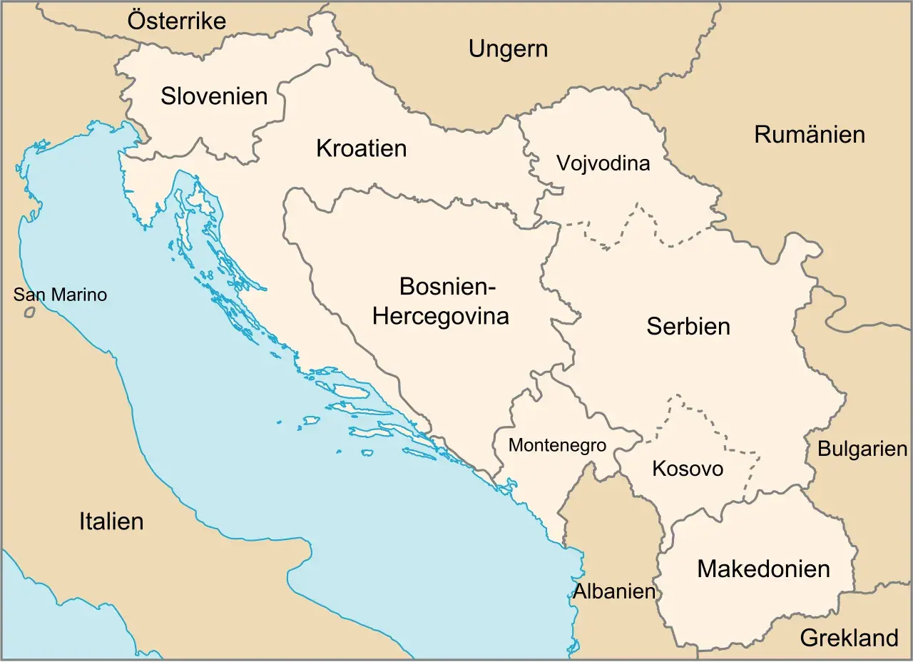 Karta över forna Jugoslavien med Slovenien, Kroatien, Bosnien-Hercegovina, Serbien, Montenegro, Kosovo och Makedonien.