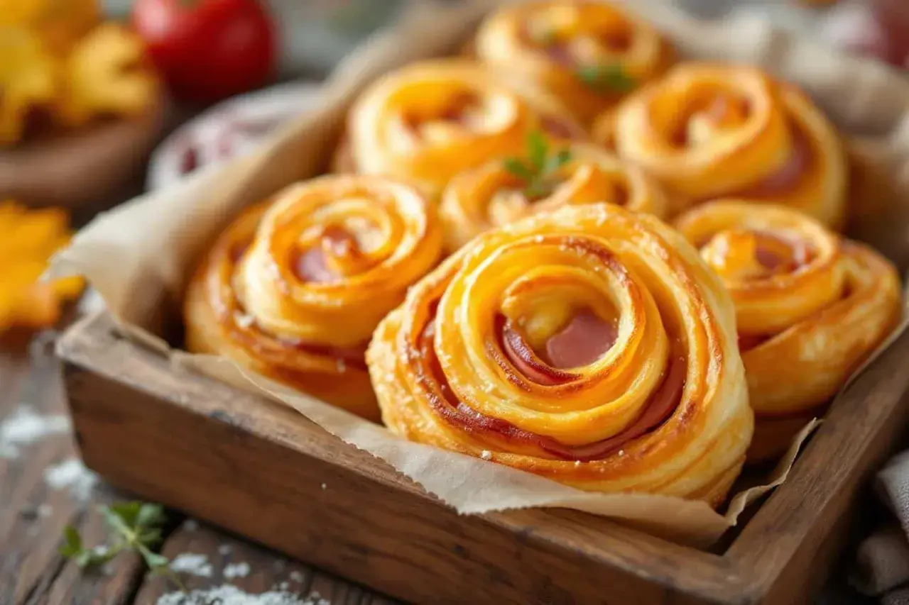 Délicieux feuilleté apéro en forme de spirale, garni de jambon et de fromage, prêt à être dégusté.