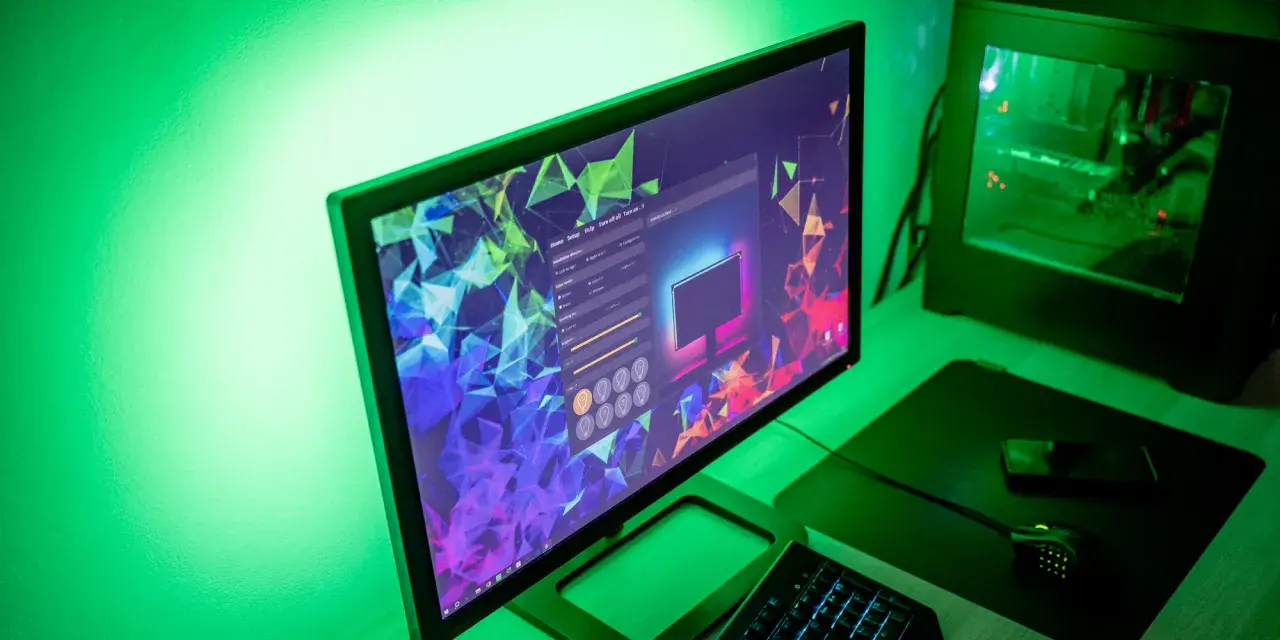 Komputer z podświetleniem w-led i led, tworzący zieloną poświatę. Na ekranie widać program do konfiguracji oświetlenia.
