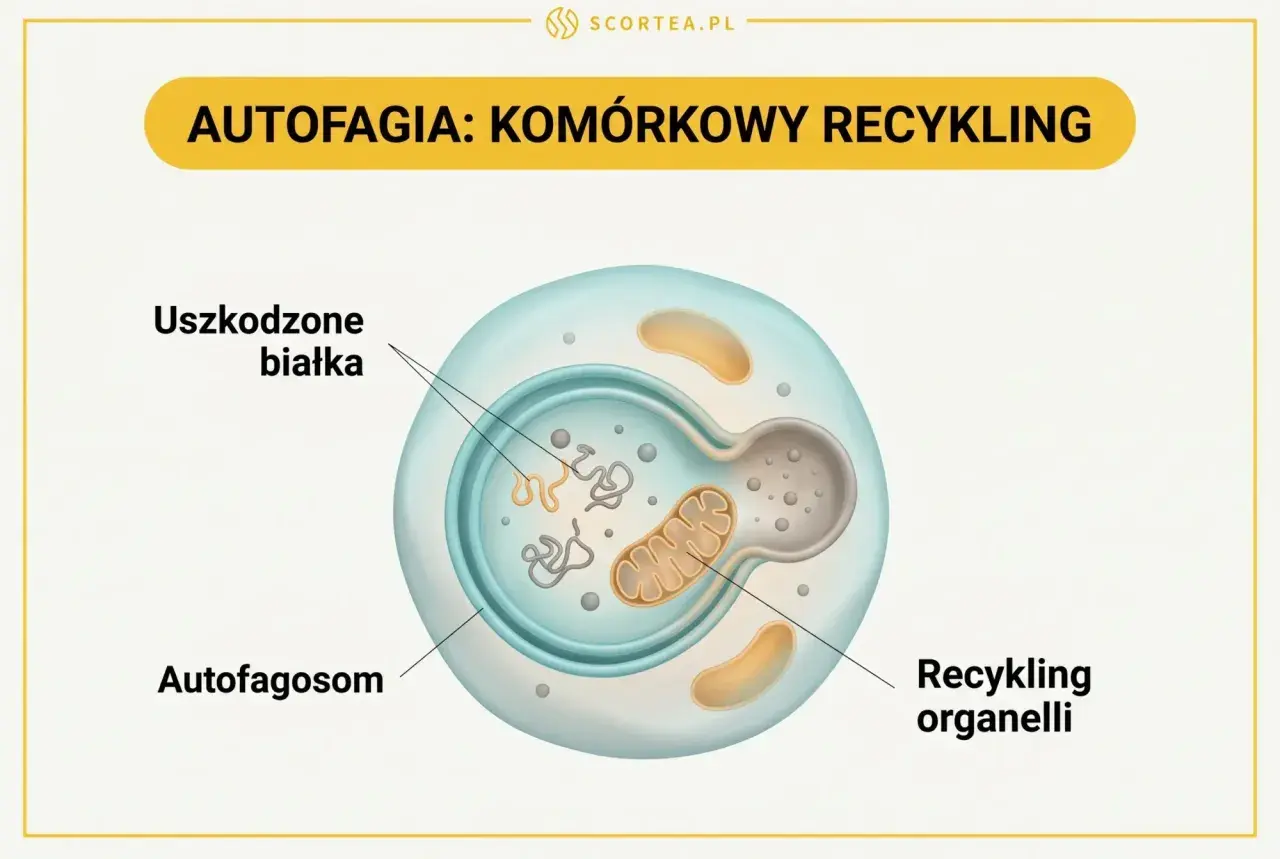 Autofagia: komórkowy recykling. Ilustracja pokazuje, jak autofagosom otacza uszkodzone białka i organelle, przygotowując je do recyklingu w komórce.