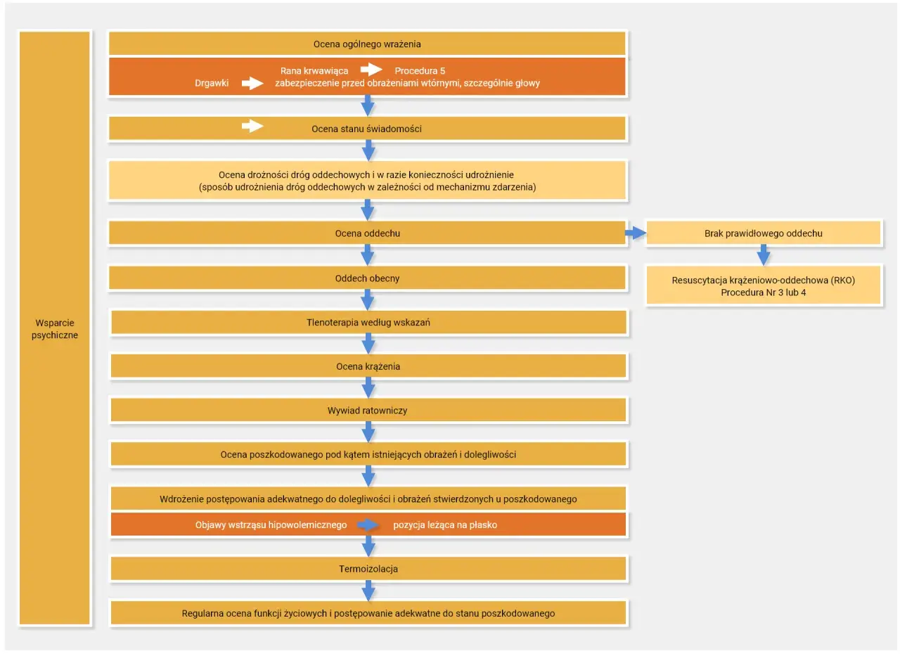 Schemat postępowania w przypadku urazu: ocena ogólna, dróg oddechowych, świadomości, krążenia, wywiad, ocena poszkodowanego, wdrożenie leczenia, objawy wstrząsu, termoizolacja, wsparcie psychiczne.