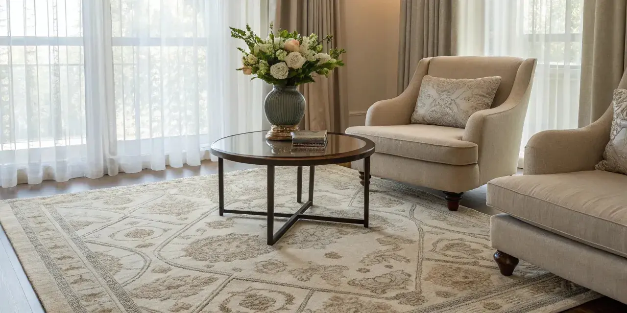 A light-colored rug with a detailed pattern, showcasing the best material for rugs, anchors a cozy living room with two armchairs and a coffee table.