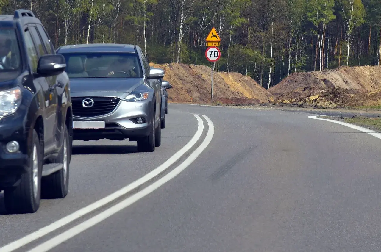 Niebezpieczne wyprzedzanie na podwójnej ciągłej, tuż obok znaku ostrzegającego przed dzikimi zwierzętami i ograniczenia prędkości do 70 km/h.