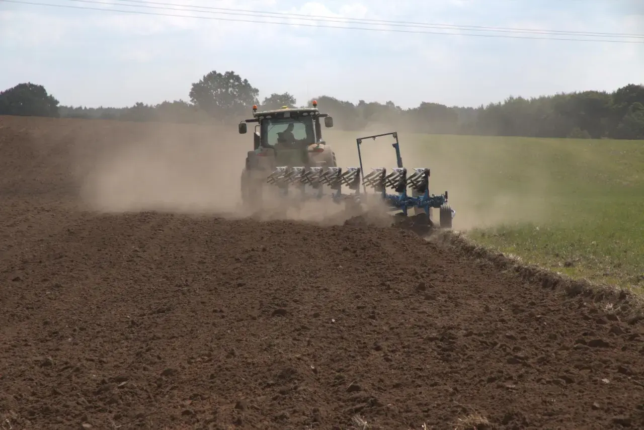 Traktor z pługiem orze pole, wzbijając tumany kurzu. To przygotowanie gleby do kolejnego sezonu, być może z myślą o wapnowaniu gleby.