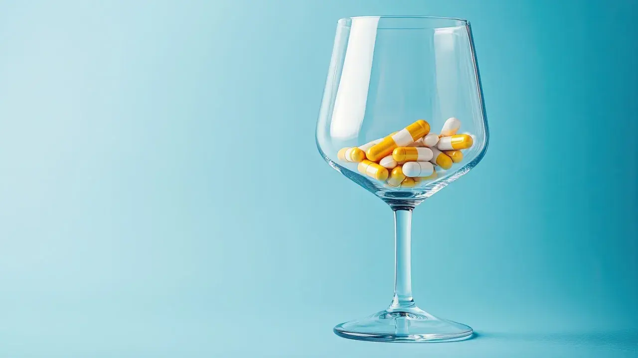 Ein Weinglas gefüllt mit Kapseln, die an Antibiotika erinnern. Vorsicht bei der Einnahme von Medikamenten und Alkohol.