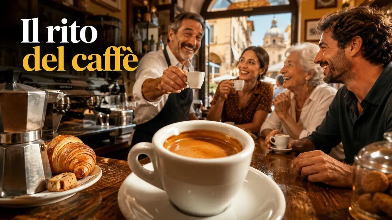 Un barista serve un espresso a un gruppo di amici in un bar. Il rito del caffè italiano, con croissant e biscotti, unisce le persone.
