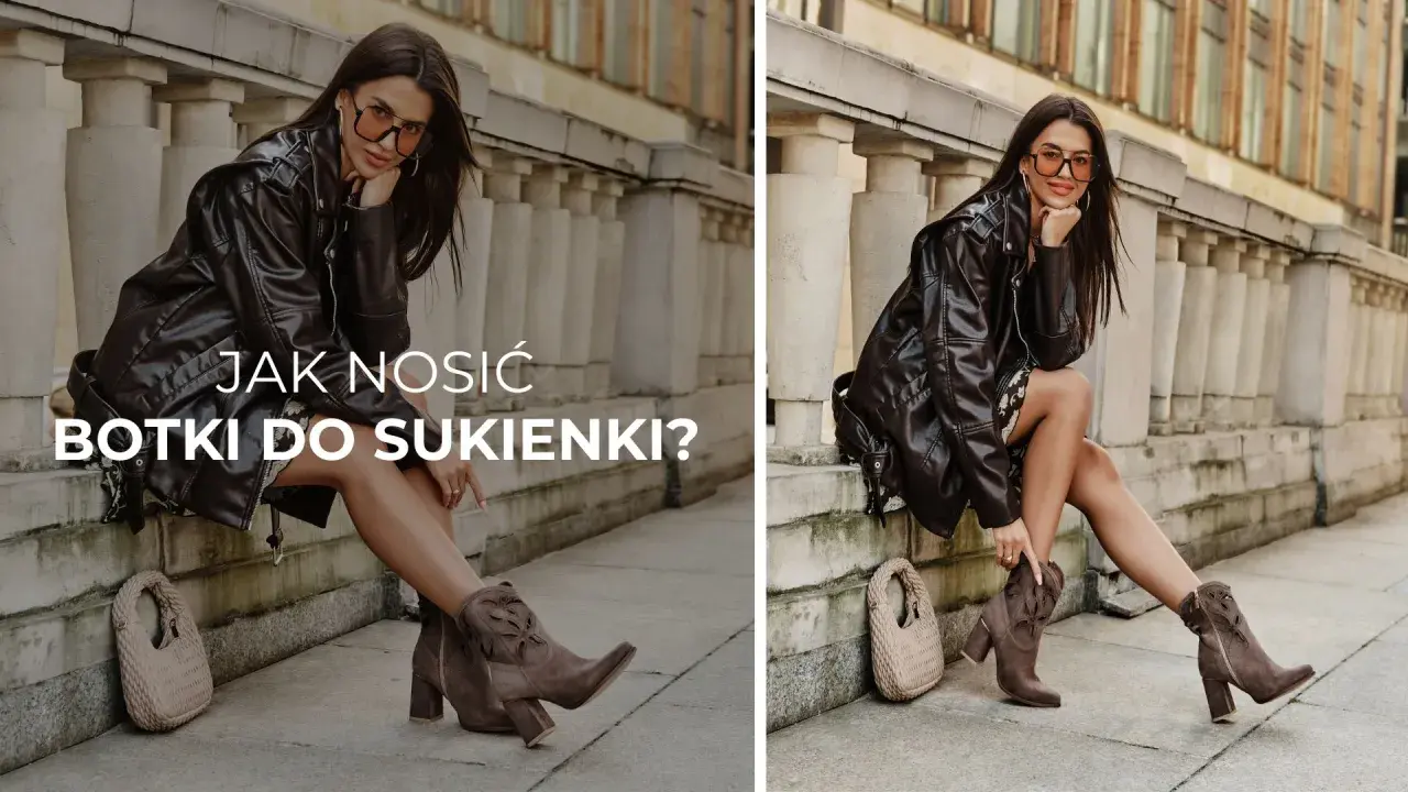 Kobieta w skórzanej kurtce i sukience prezentuje, jakie botki do sukienki pasują idealnie. Stylowe botki na obcasie i torebka dopełniają stylizację.