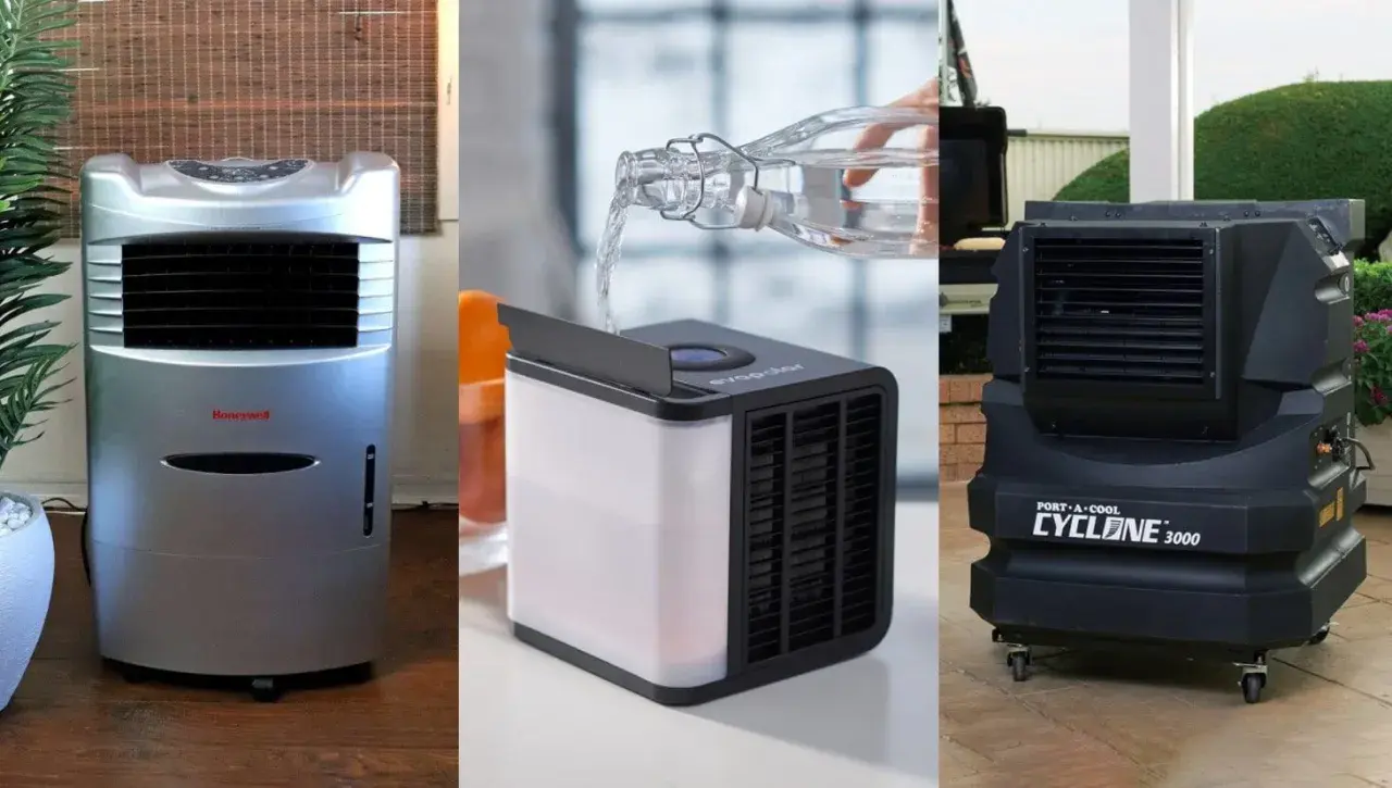 Tres enfriadoras de agua de diferentes tamaños: Honeywell, Evapolar y Port-A-Cool Cyclone 3000.