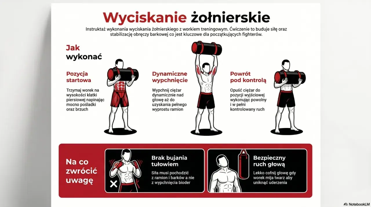 Instrukcja wyciskania żołnierskiego z workiem treningowym. Ćwiczenie buduje siłę i stabilizację obręczy barkowej, kluczowe dla fighterów, uwzględniając kategorie wagowe boks.