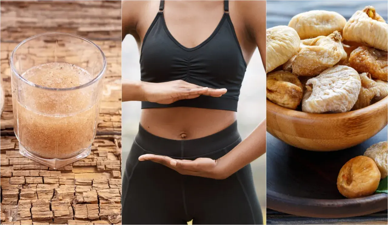 Un vaso de bebida con semillas, una persona con las manos en el abdomen y un cuenco de higos secos, mostrando laxantes naturales para el estreñimiento.