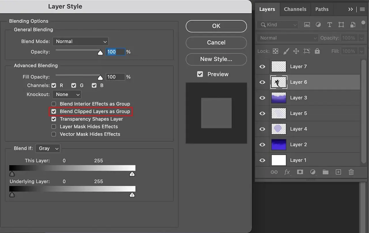 Finestra "Stile Livello" Photoshop con opzione "Unisci livelli ritagliati come gruppo" selezionata, per un controllo avanzato della maschera di livello.