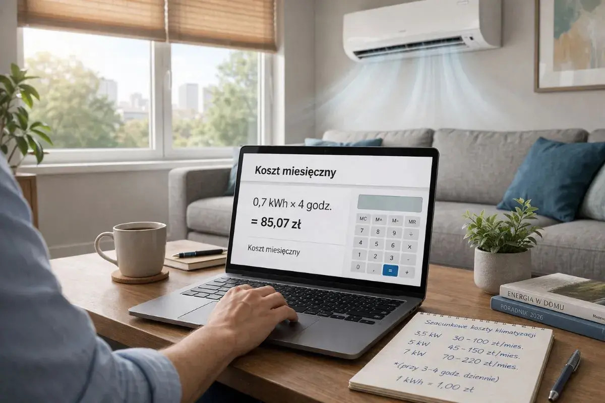 Klimatyzacja 5 kW zużywa 0,7 kWh na godzinę. Kalkulator na laptopie pokazuje miesięczny koszt 85,07 zł.