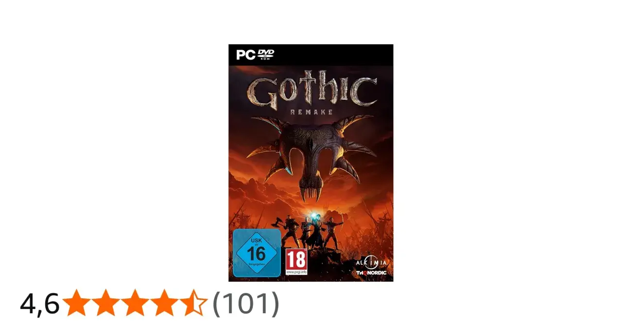 Cover des Spiels "Gothic 1 Remake" mit einer düsteren Fantasy-Szene und Helden im Kampf gegen eine monströse Kreatur.