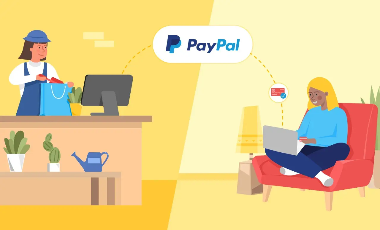 Geschäftsinhaber packt Ware in Einkaufstasche, während Kunde online mit PayPal bezahlt. Informiert über PayPal Business Account Gebühren.