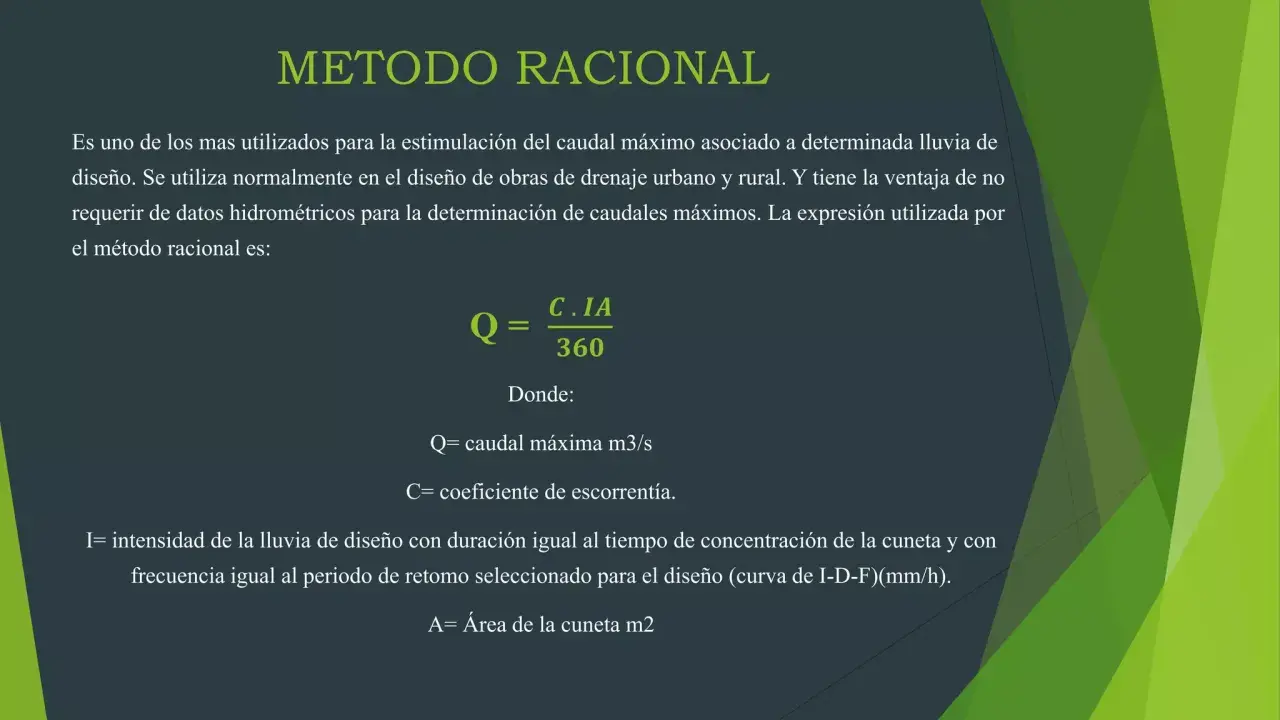 Fórmula del método racional para calcular el caudal máximo en sistemas de drenaje.
