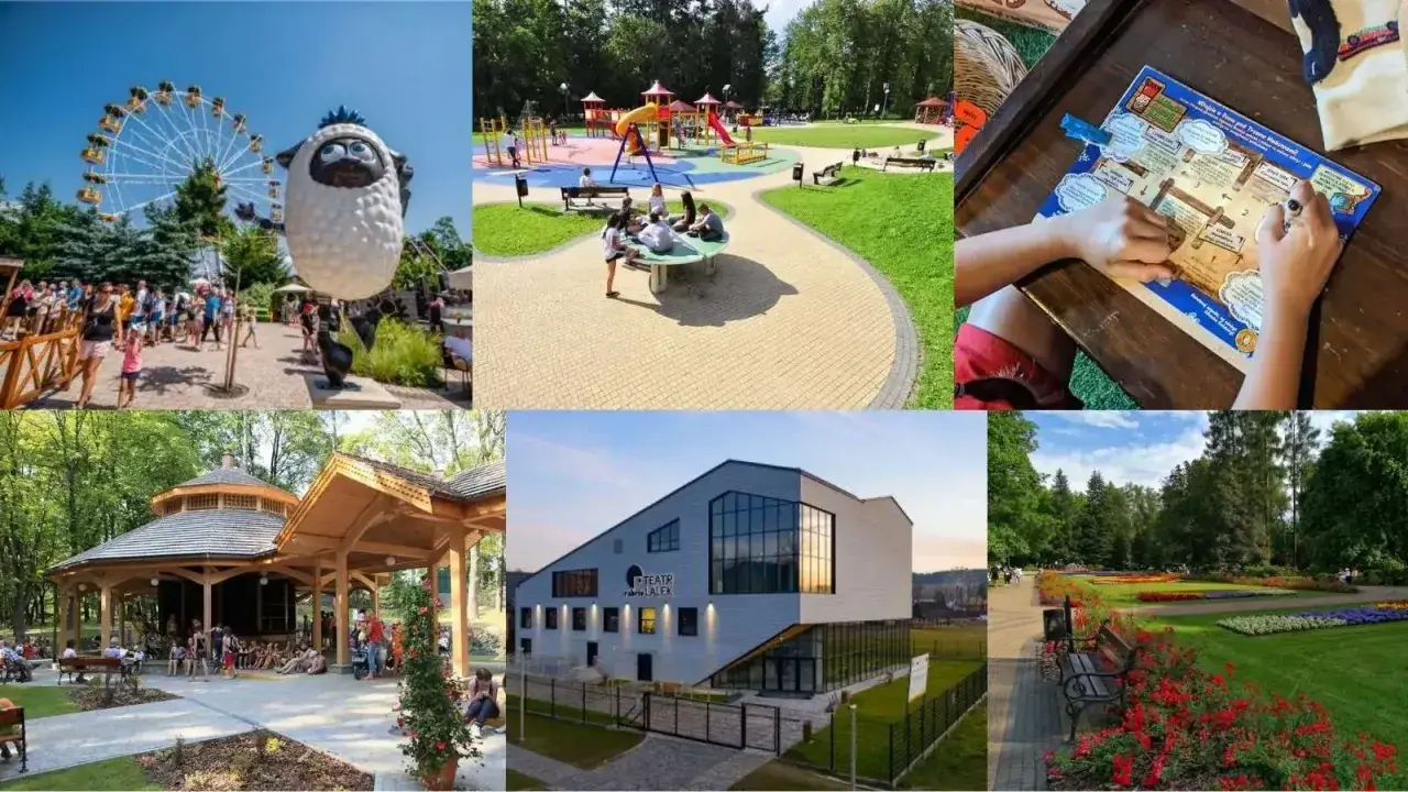 Rabka-Zdrój oferuje wiele atrakcji: wesołe miasteczko z diabelskim młynem, plac zabaw, teatr, park z kwiatami i drewnianą altaną.