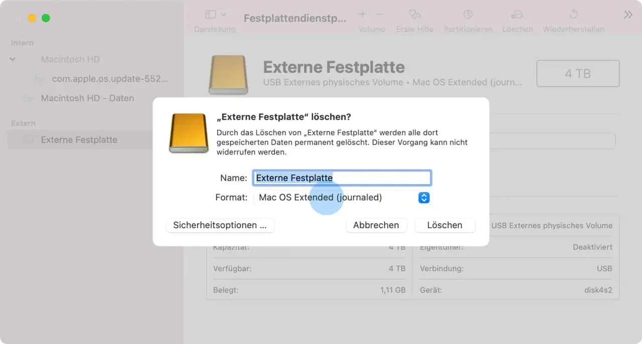 Dialog zum Löschen einer externen Festplatte auf dem Mac. Hier wird die externe Festplatte formatiert.
