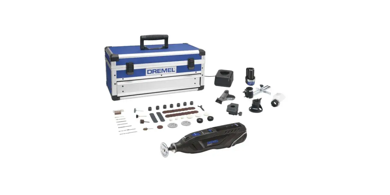 Zestaw Dremel 8260 z walizką, narzędziem wielofunkcyjnym, ładowarką i licznymi akcesoriami do precyzyjnych prac.