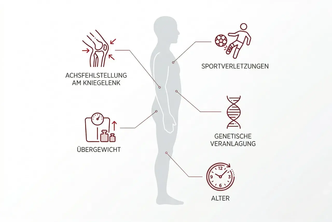 Grafik zeigt Faktoren wie Achsfehlstellung, Übergewicht, Sportverletzungen, genetische Veranlagung und Alter, die die Lebenserwartung bei Arthrose beeinflussen.