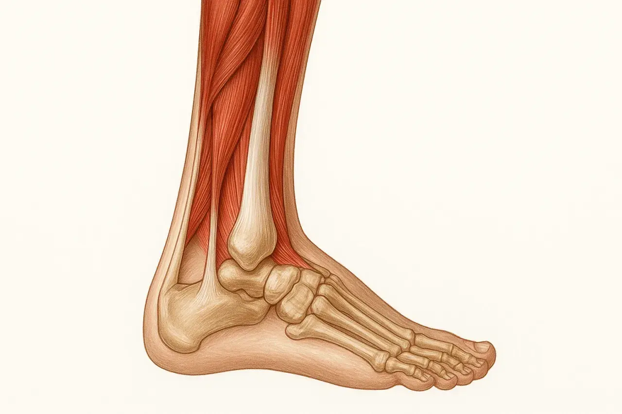 Detailreiche Darstellung der Achillessehne Anatomie: Muskeln, Knochen und Sehnen des Fußes und Unterschenkels.