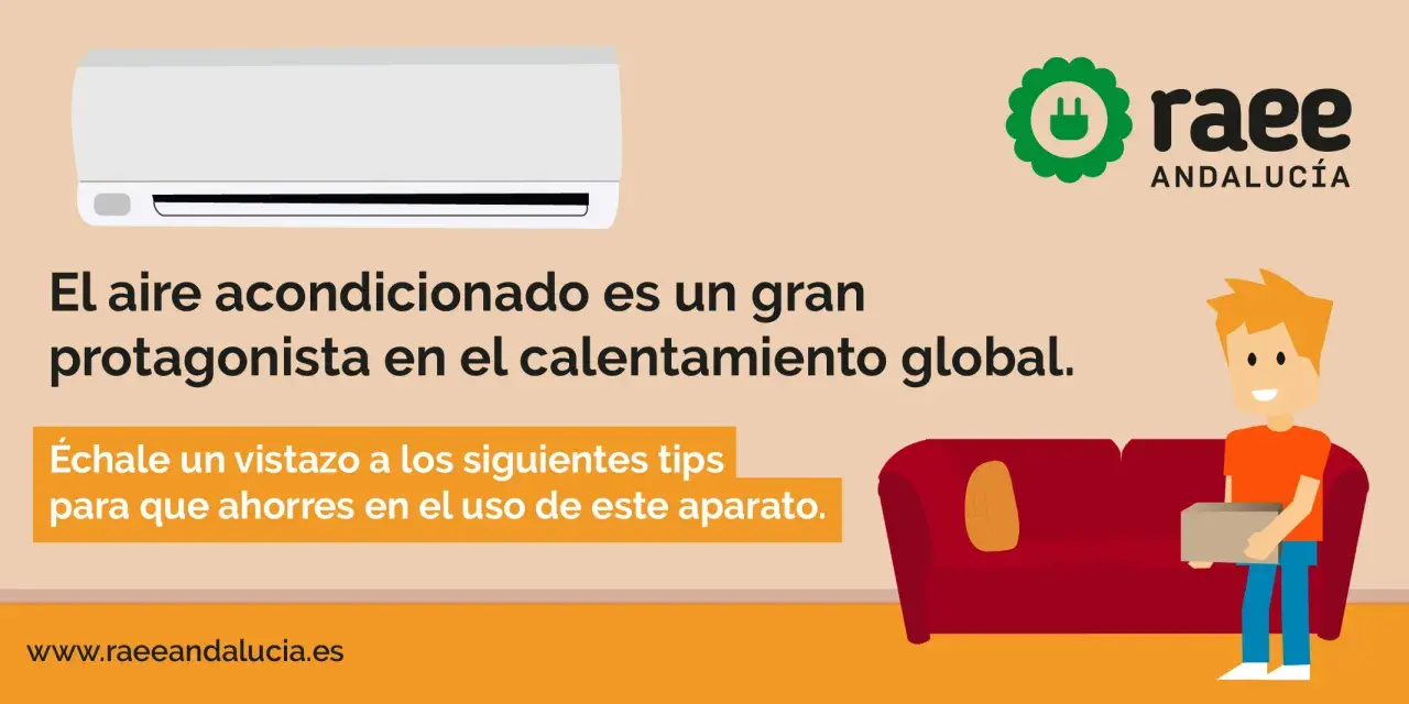 Un aire acondicionado blanco sobre fondo beige. Texto: "El aire acondicionado es un gran protagonista en el calentamiento global. Échale un vistazo a los siguientes tips para que ahorres en el uso de este aparato." Un chico sonriente con una caja. Logo...