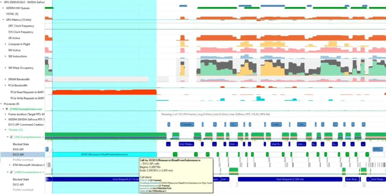 Analiza wydajności gry z wykorzystaniem DirectX 12. Widoczne wywołania API, wątki i metryki GPU.