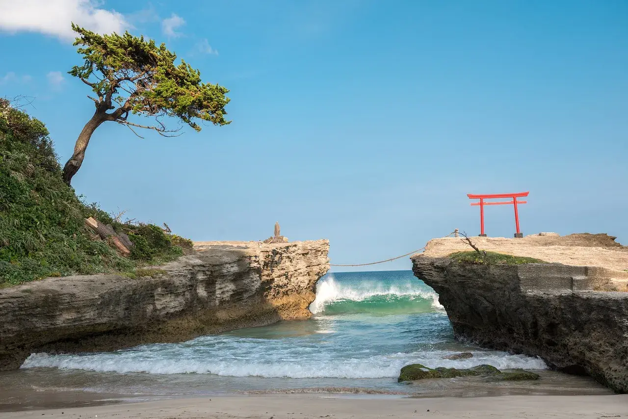 Skaliste wybrzeże nad Morzem Japońskim, z drzewem na klifie i czerwoną bramą torii na skale.