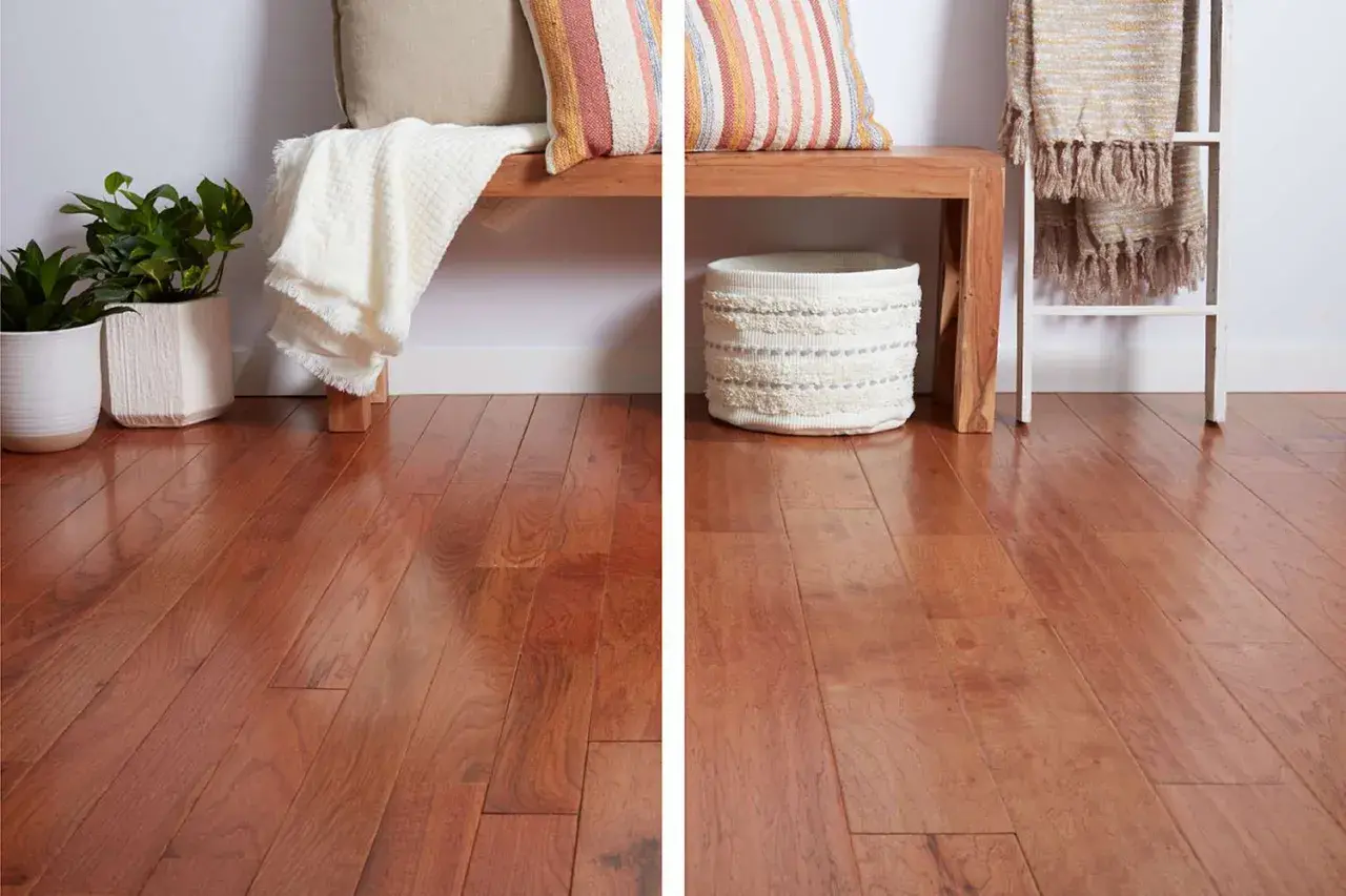 A split image showcasing the rich grain of solid wood flooring on the left, contrasted with the uniform appearance of manufactured wood flooring on the right.