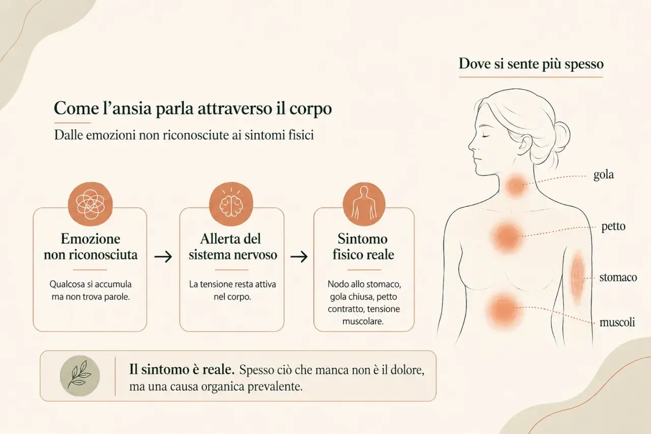 Il corpo manifesta l'ansia con sintomi fisici reali, come nodo allo stomaco o tensione muscolare, che possono essere interpretati come parestesie da stress.