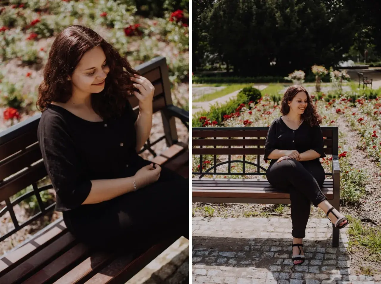 Uśmiechnięta kobieta plus size na sesji kobiecej w parku, siedzi na ławce wśród czerwonych róż.