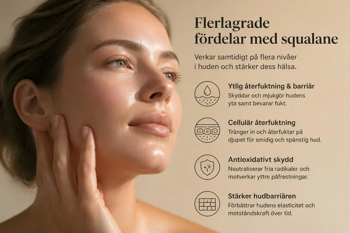 Kvinnas ansikte med strålande hud. Texten lyfter fram fördelarna med squalane, som återfuktar och stärker huden. Squalane är inte farligt, utan en hudvänlig ingrediens.