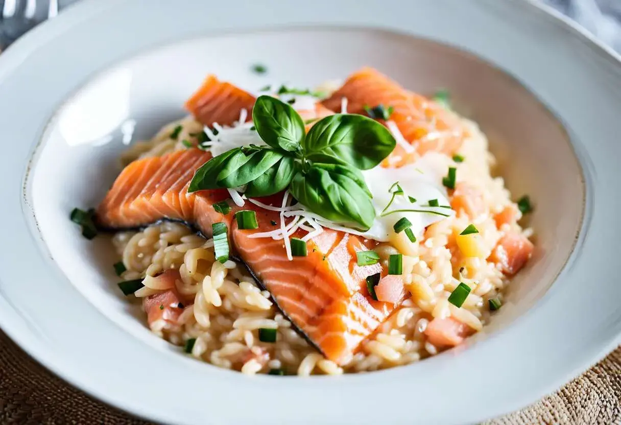 Un délicieux risotto saumon, garni de basilic frais et de ciboule ciselée. Une recette parfaite pour un repas savoureux.