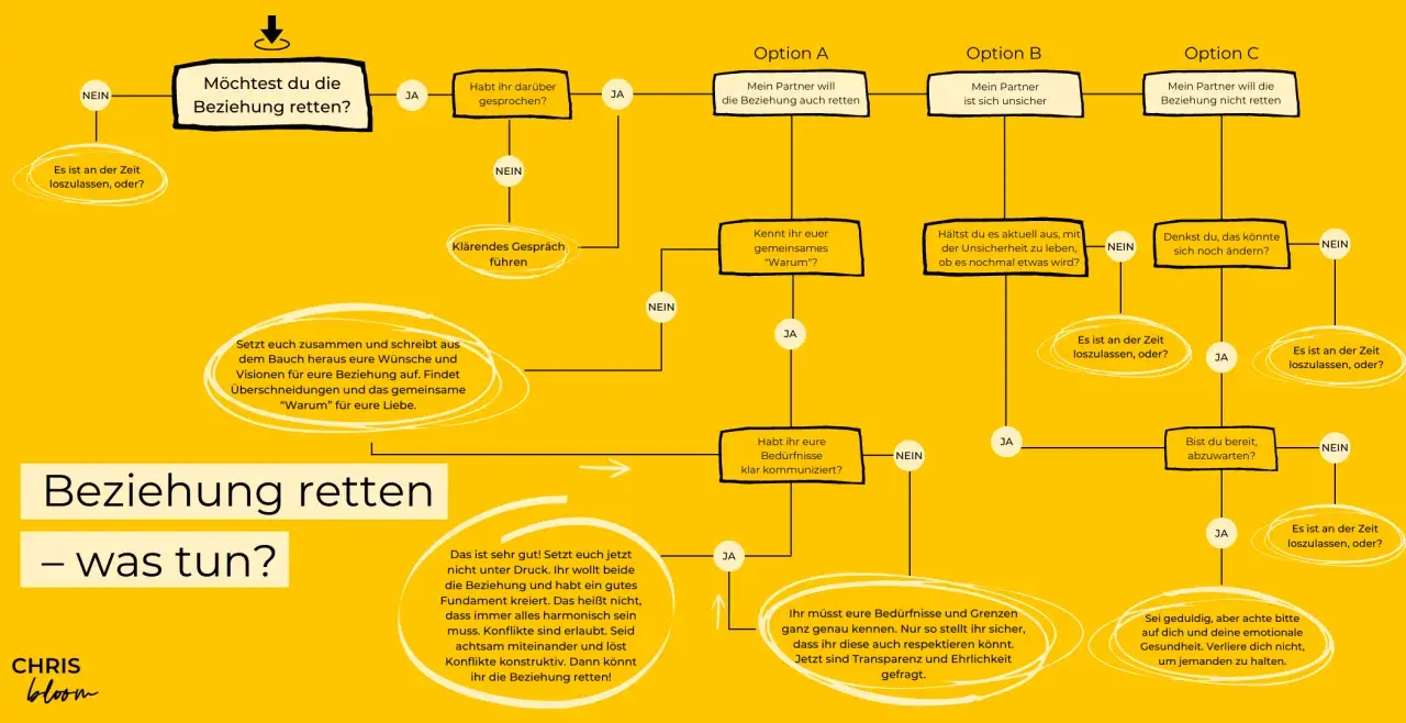 Flussdiagramm zur Frage, ob man eine Beziehung retten kann, wenn der Partner nicht mehr will. Es zeigt Optionen und Schritte, um die Beziehung zu retten.