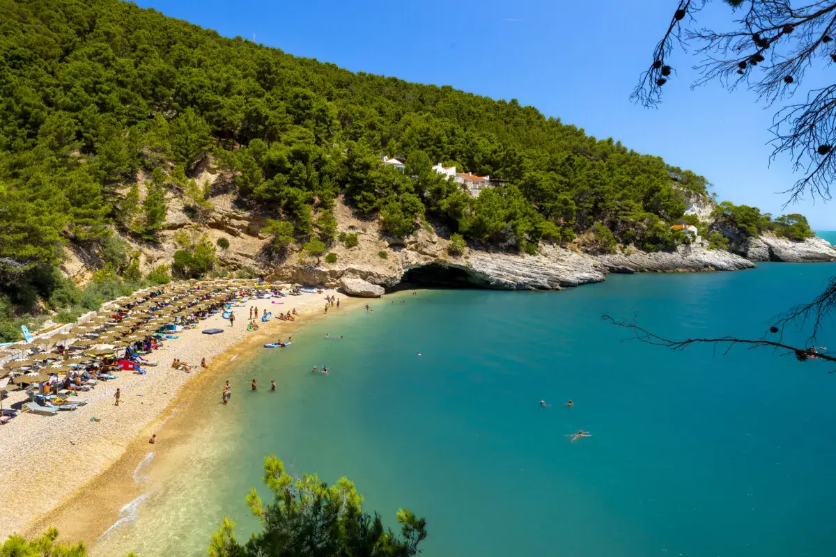 Spiaggia affollata con ombrelloni, gente che nuota nel mare turchese e una collina verdeggiante. Un pugno chiuso di natura incontaminata.