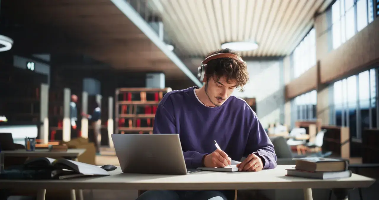 Ein junger Mann mit Kopfhörern lernt in einer Bibliothek. Er schreibt Notizen, während sein Laptop geöffnet ist. Perfekt für ein Teilzeitstudium.
