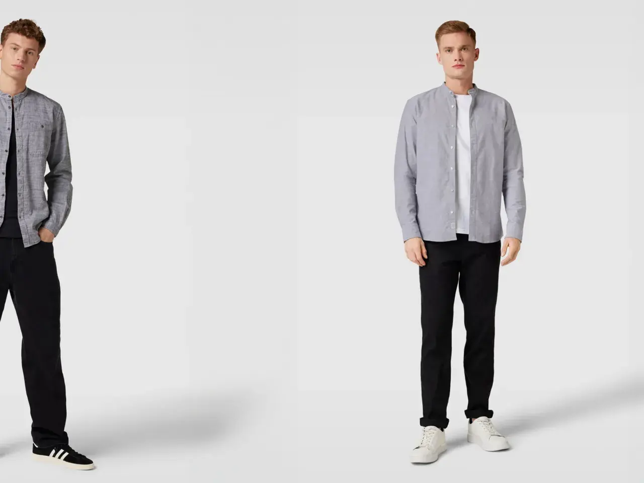 Zwei Männer präsentieren, wie man ein graues Hemd kombinieren kann: lässig mit schwarzer Jeans und Sneakern.