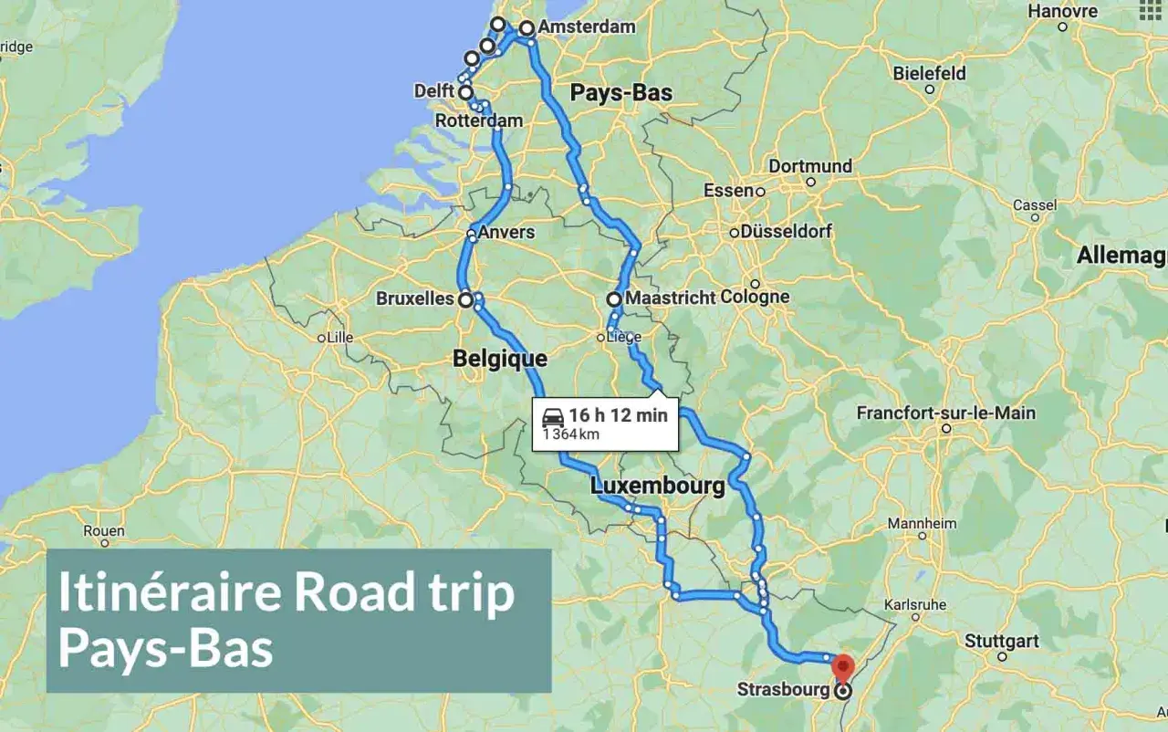 Carte d'un road trip incontournable aux Pays-Bas, traversant la Belgique et le Luxembourg, avec un itinéraire de 1364 km.