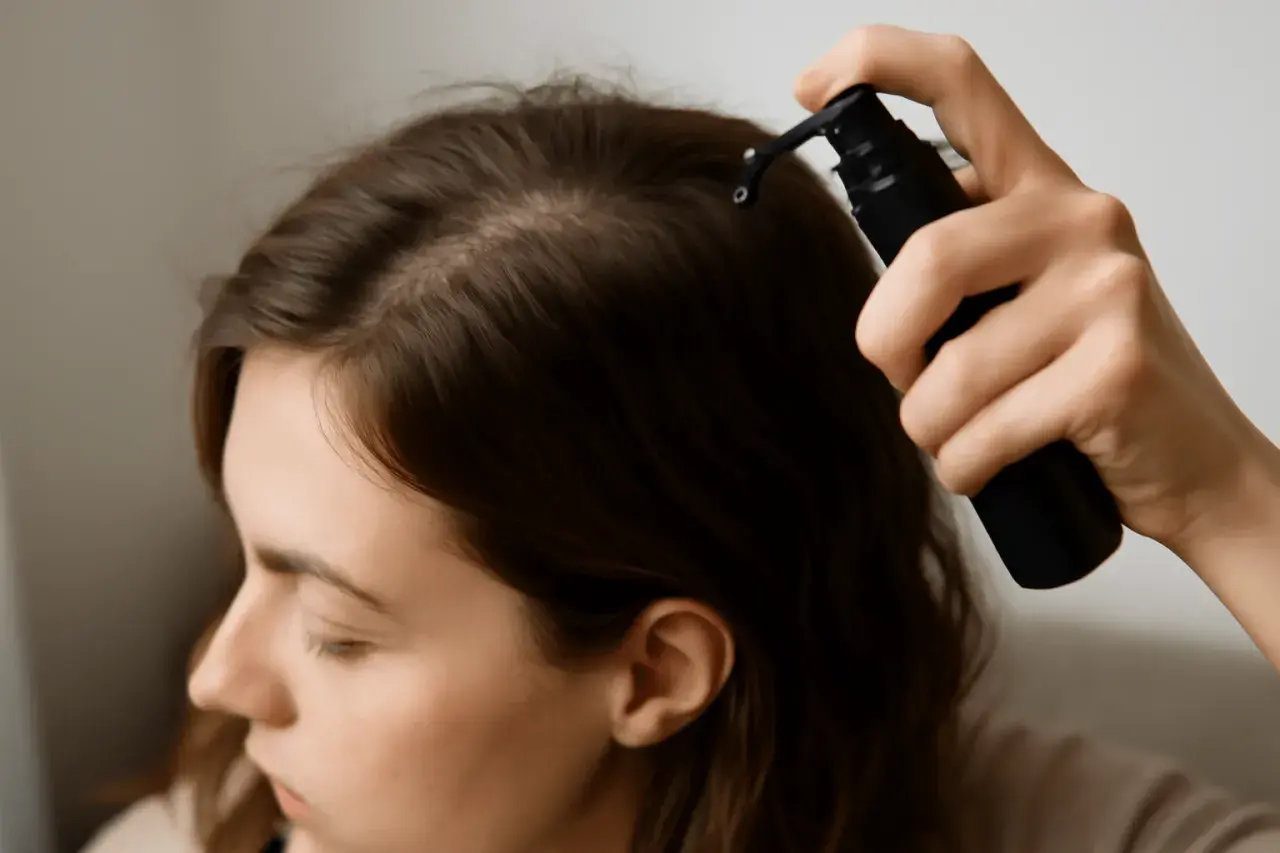 En hand applicerar serum i hårbotten för att motverka frissigt hår uppe på huvudet.