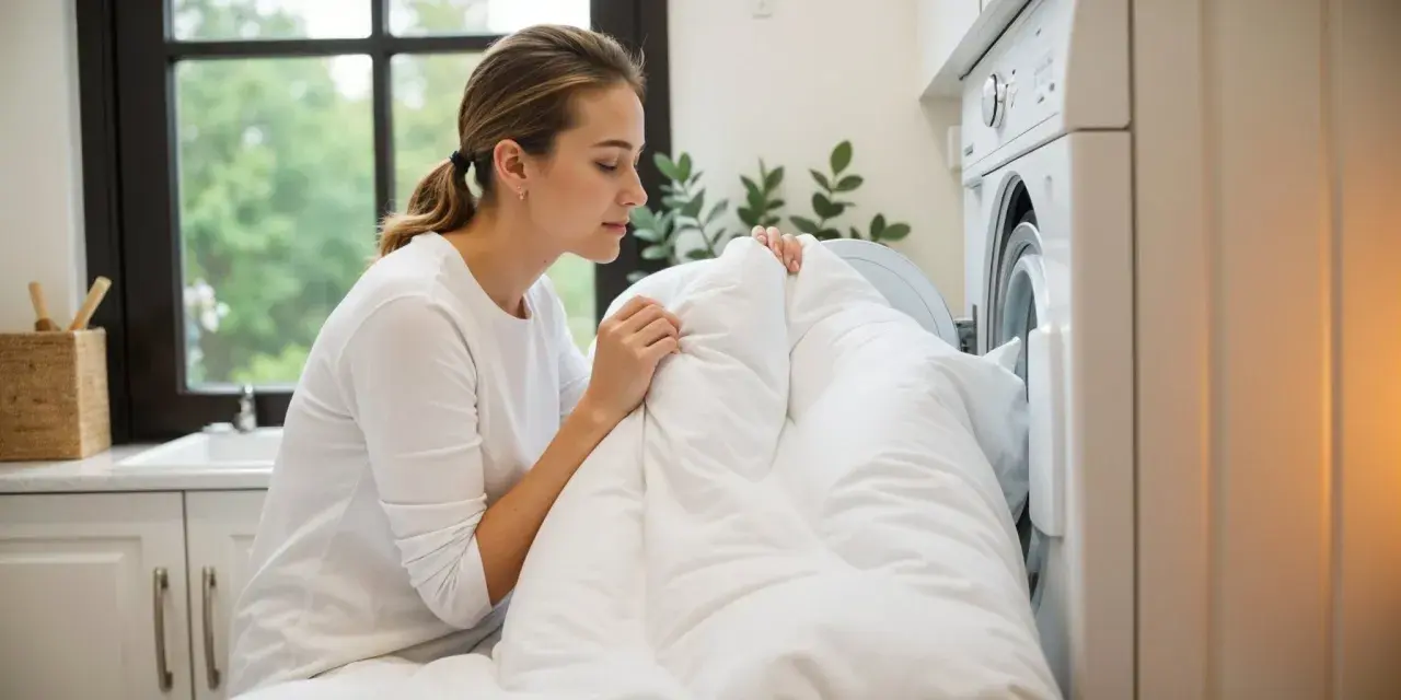 A woman is placing a white duvet into a washing machine, demonstrating how to wash duvet cover.