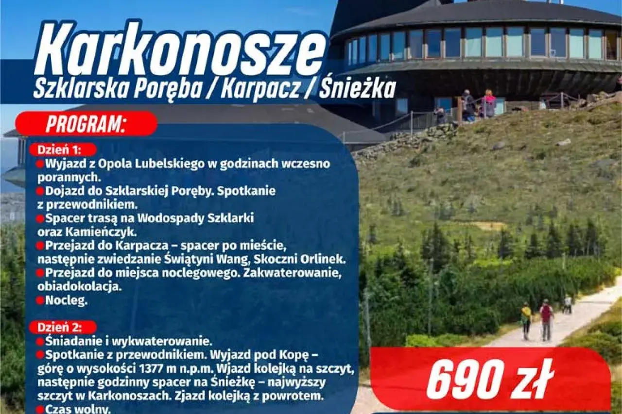 Karkonosze atrakcje: dwudniowa wycieczka do Szklarskiej Poręby, Karpacza i na Śnieżkę. W programie wodospady, Świątynia Wang, skocznia i wjazd kolejką.