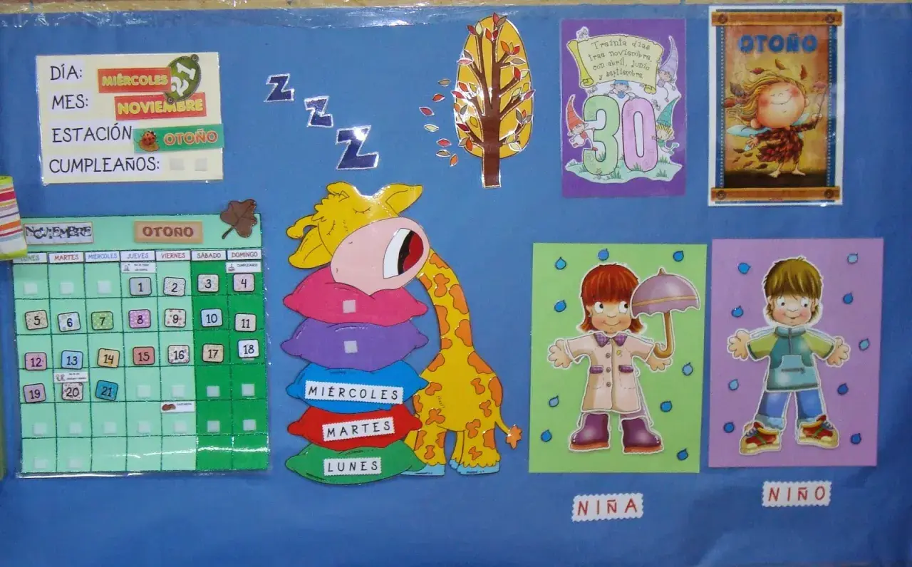 Pizarra con carteles de asamblea infantil para imprimir: calendario de noviembre, jirafa durmiendo, niños con paraguas y un árbol de otoño.