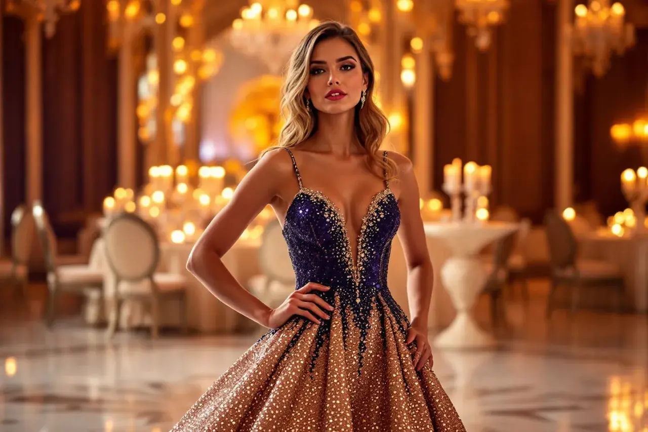 Une femme resplendissante dans une robe de fête fin d'année, ornée de paillettes bleues et dorées, se tient dans une salle de bal illuminée par des bougies.