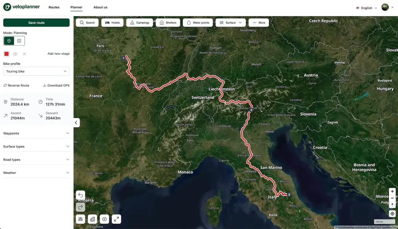 Planowanie trasy rowerowej przez Europę, od Francji przez Szwajcarię po Włochy. Długość 2024 km, czas 127h.