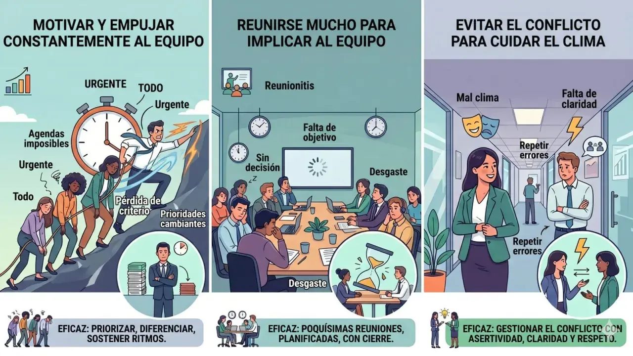 Ilustración sobre cómo lograr reuniones efectivas: motivar al equipo, evitar exceso de juntas y gestionar conflictos.