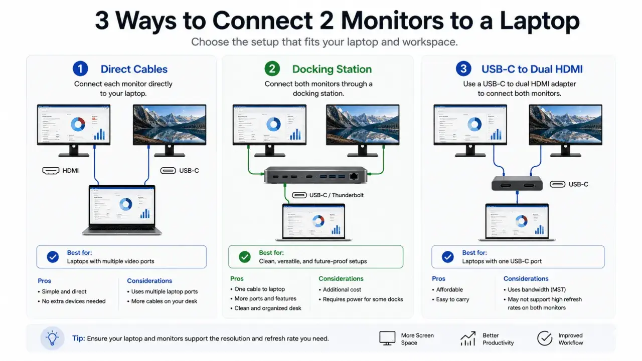Schéma montrant 3 méthodes pour connecter un double écran PC à un ordinateur portable : câbles directs, station d'accueil, adaptateur USB-C vers double HDMI.