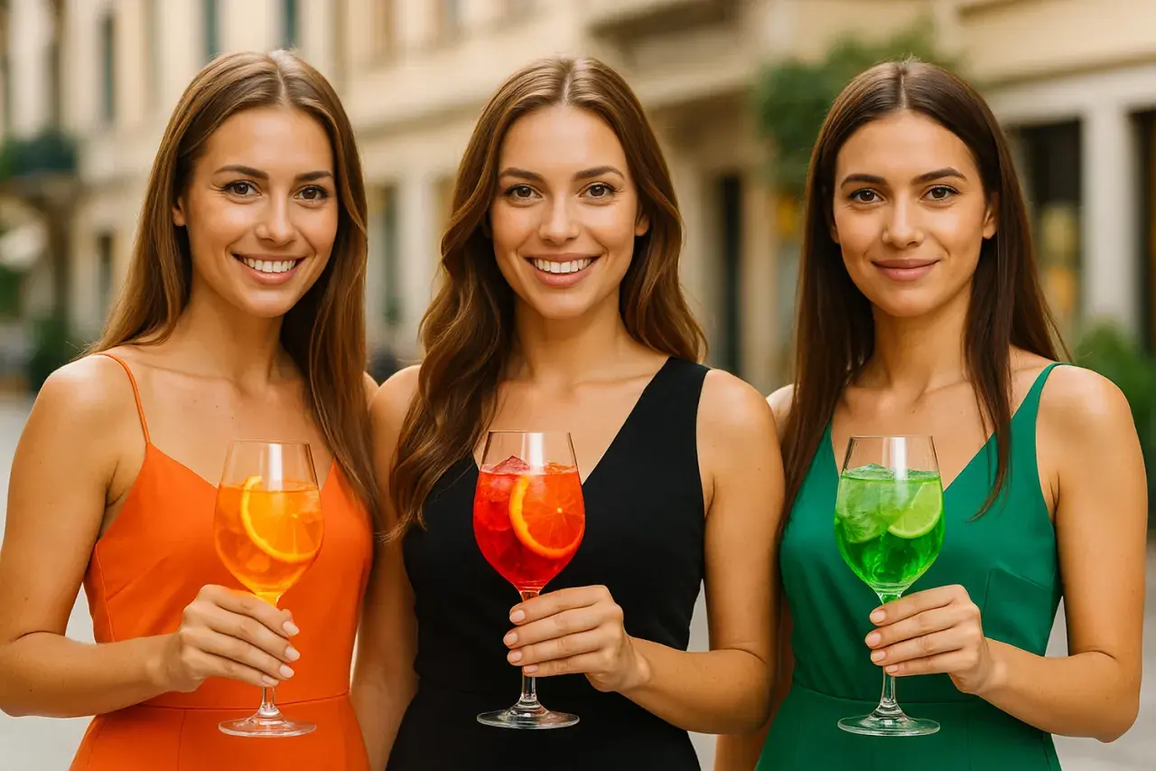 Tre amiche sorridono tenendo in mano un colorato spritz alcolico, ognuna con un gusto diverso.