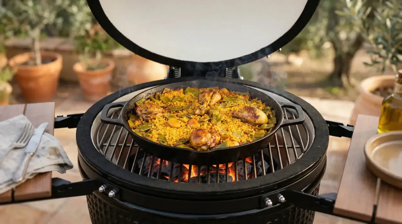 Paella de poulet et légumes cuite dans une poêle sur un kamado grill.